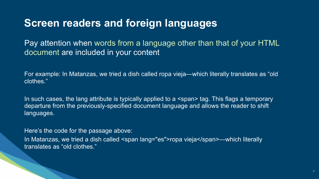 Slide 9 of 27: Screen readers and foreign languages