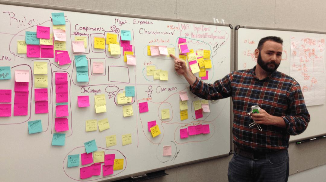A Design Thinking session at the whiteboard, the wall covered in sticky notes