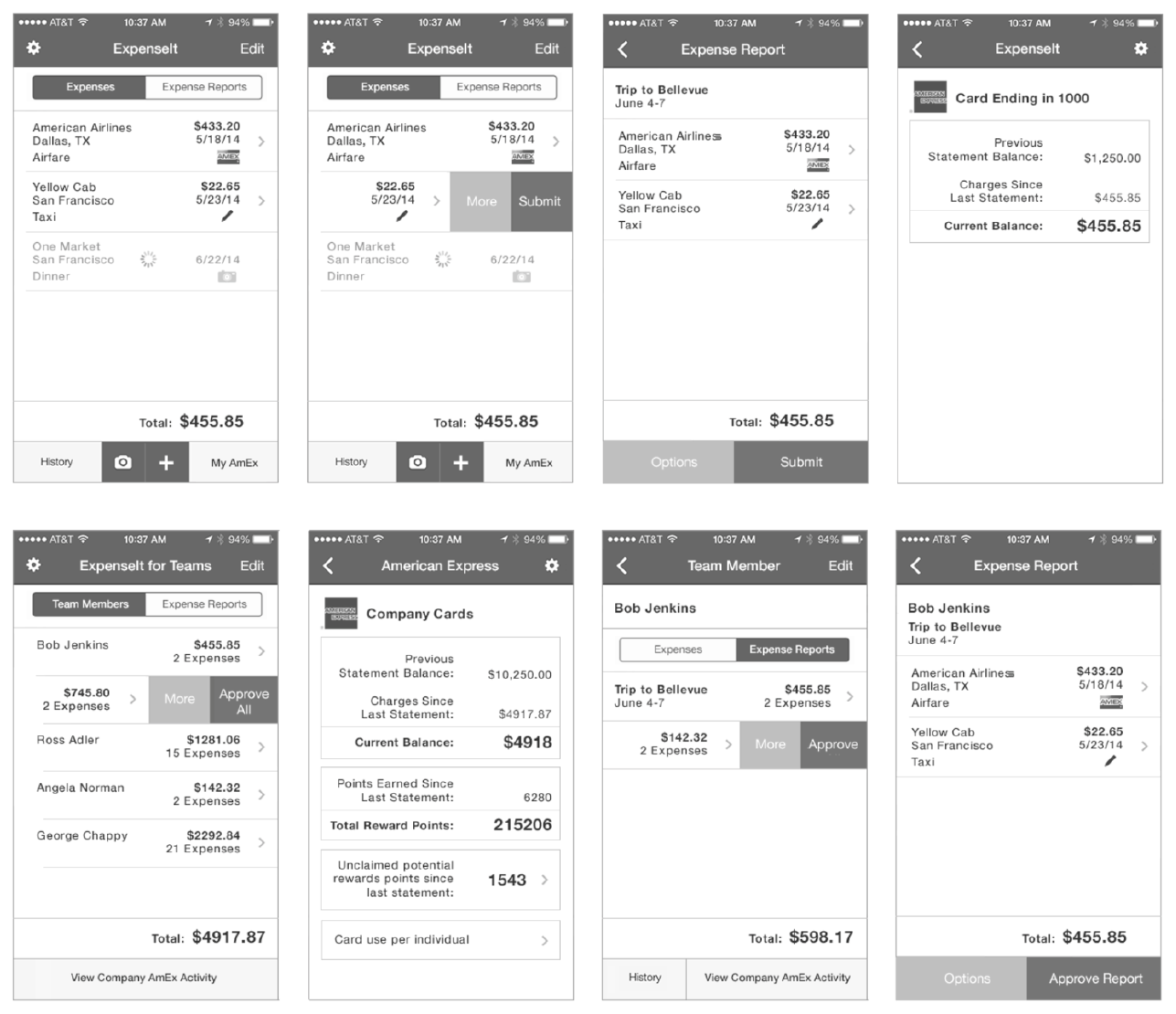 ExpenseIt4Everyone iOS concept screens, including expense reports, AmEx company cards, and team approvals