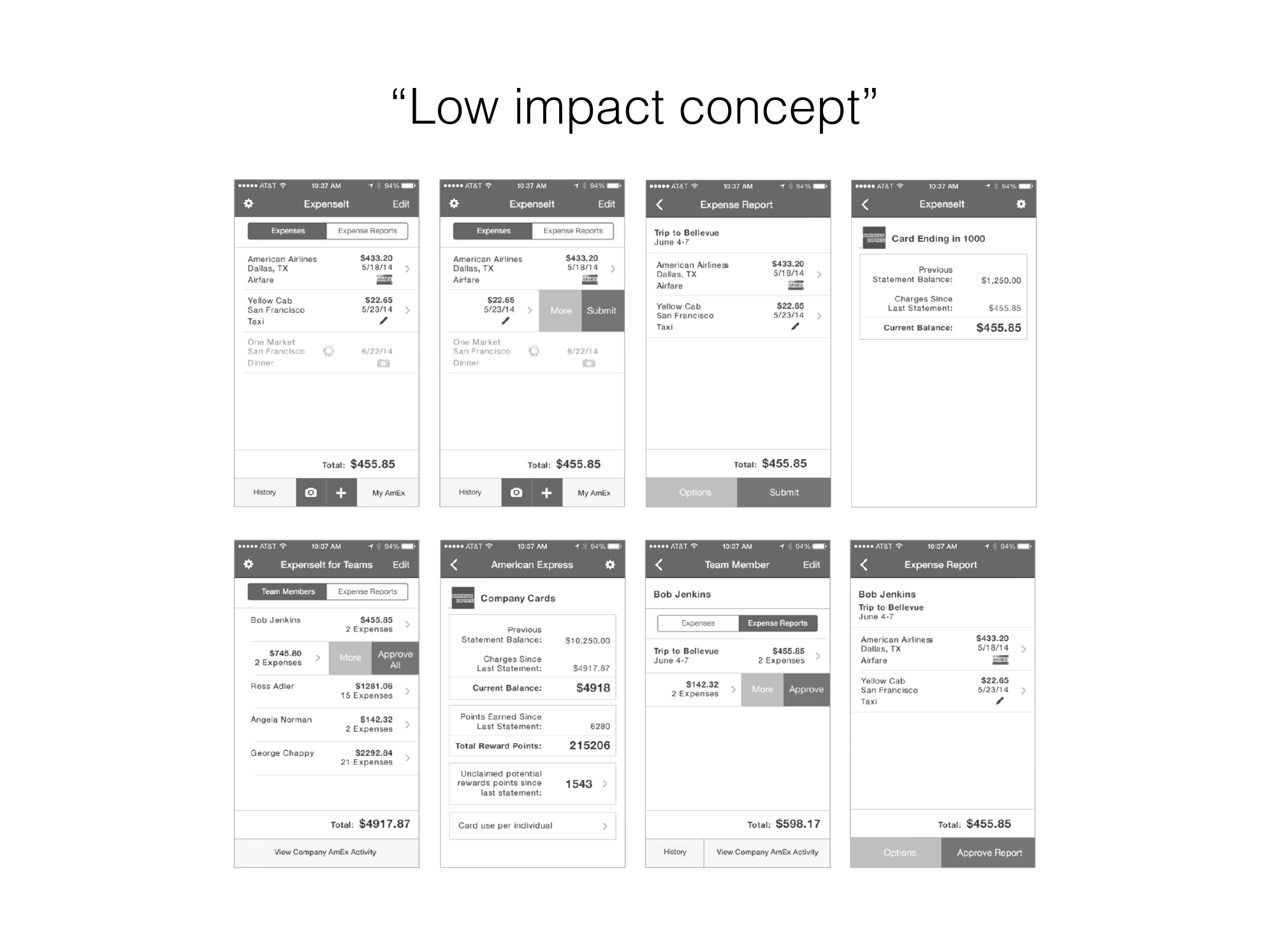 Low impact concept: eight iOS screens covering expenses, reports, AmEx company cards, and team approvals