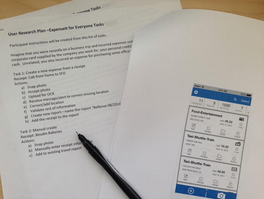 Paper prototype alongside the written user research plan and task list