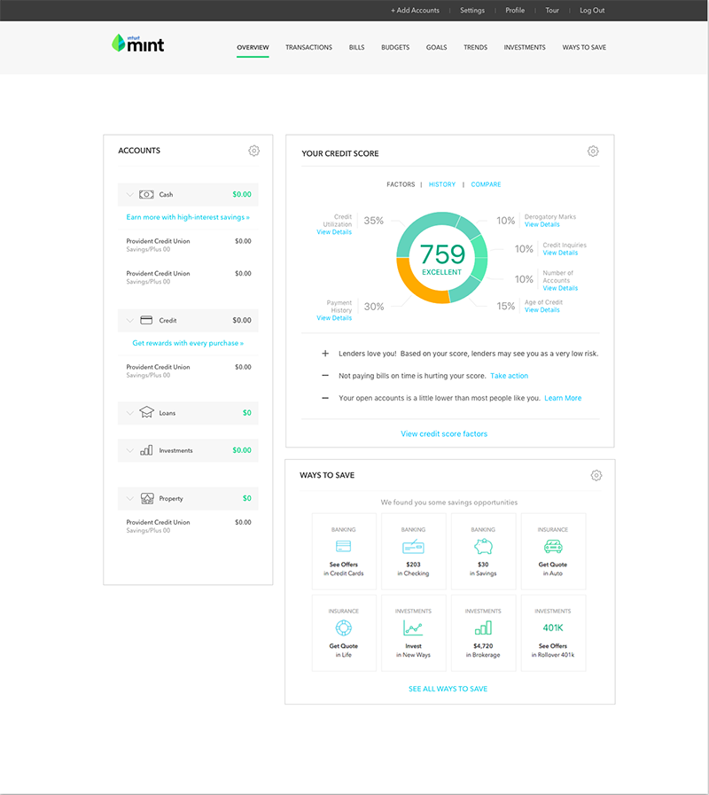 Mint Credit Score first tab concept, wide view