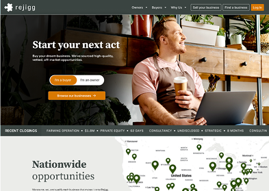 The Rejigg homepage: Start your next act, with recent closings and a nationwide opportunity map
